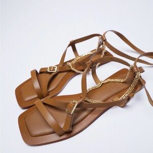 Zara Flat Leather Sandals Strappy Lace Up with Chain Size 40/9